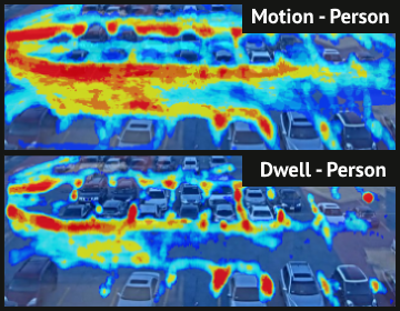 intuVision VA heatmap of a parking lot - showing a person only motion heatmap over 8 hours, and a person only dwell heatmap over 8 hours. 