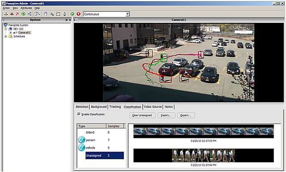 Panoptes video analytics GUI, showing the real-time analysis of a HD surveillance video stream, made possible with GPU processing.