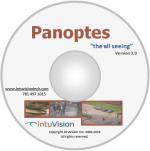 Panoptes visual: in the shape of a CD, with the Panoptes the all seeing logo, three small images of example surviellance video analysis event detections, and the intuVision logo.