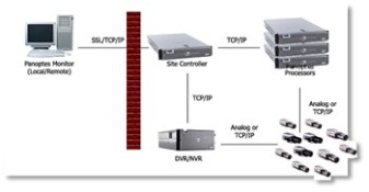 Panoptes monitor is on the left of the screen connected to the site controller, which is connected to both the DVR and the Panoptes Processors, which are both connected to the cameras.  This represents the overall Panoptes system.