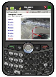 The image shows a Blackberry phone with a panoptes video analysis event on the screen.
