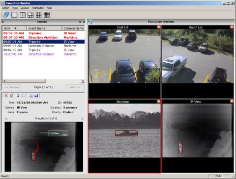Panoptes video analytics event monitoring application user interface. It shows the real time analysis of four surviellance camera views, on one of which is a perimeter protection event that is in violation, and is therefore bound in red.
