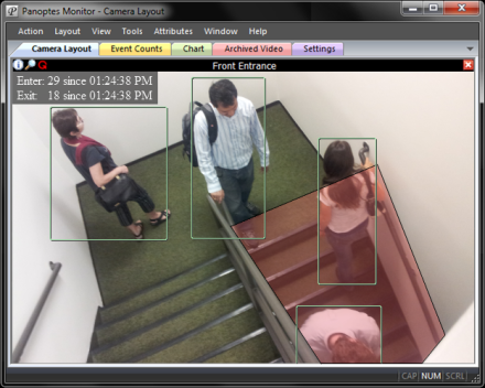 Panoptes counts people entering and exiting a through stairway.