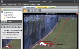 Panoptes visual: in the shape of a CD, with the Panoptes the all seeing logo, three small images of example surviellance video analysis event detections, and the intuVision logo.