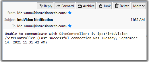 A sample email notification indicating that the System Monitor is unable to reach the intuVision Site Controller.