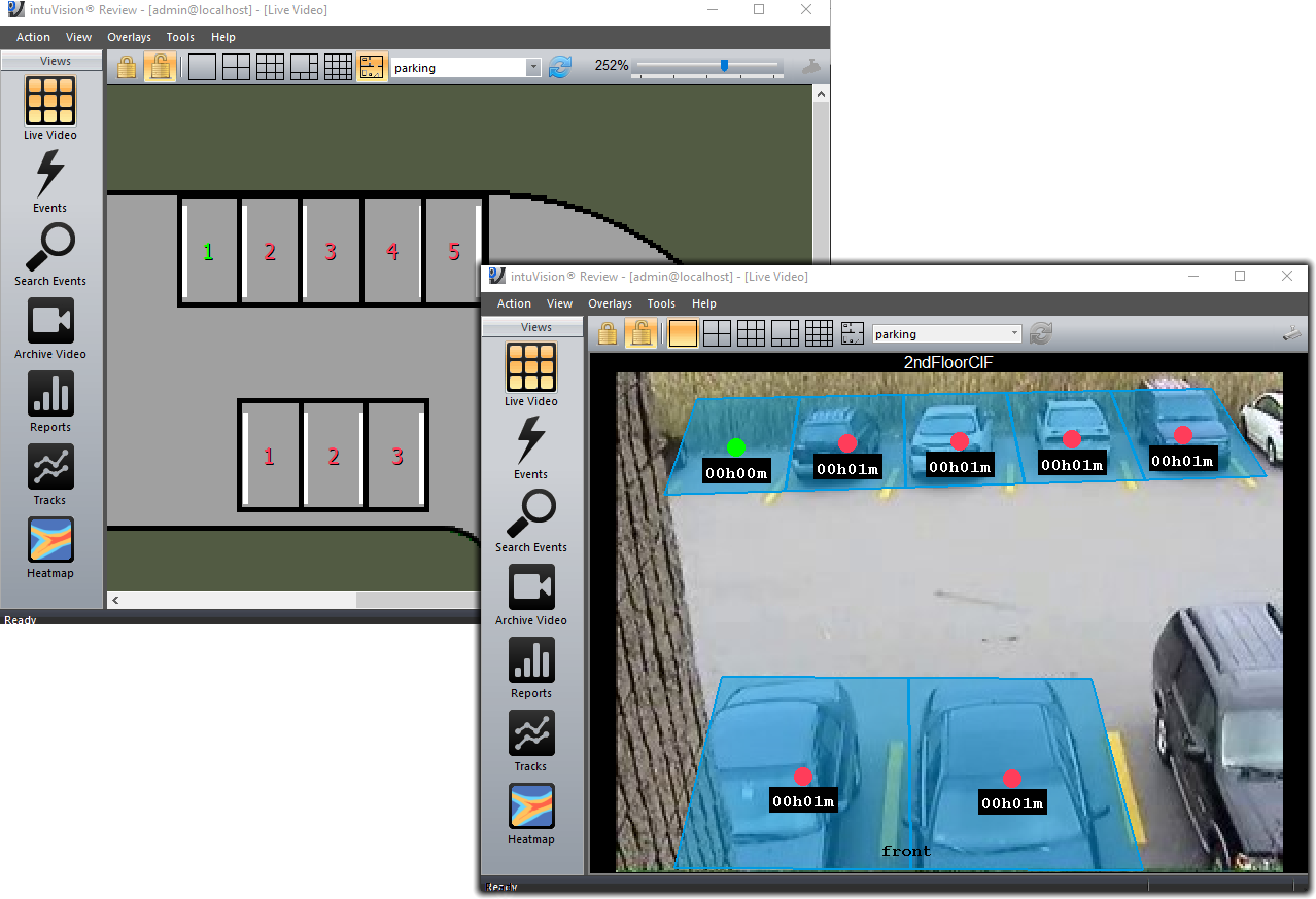 Floor plan and live video view of parking spot monitoring. 