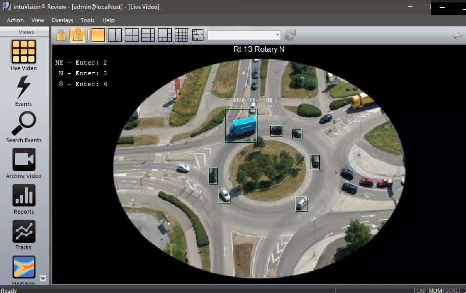 ntuVision VA Traffic in use on drone video of a 5-way traffic circle. Vehicles are counted as they enter/exit the rotary from each leg. 