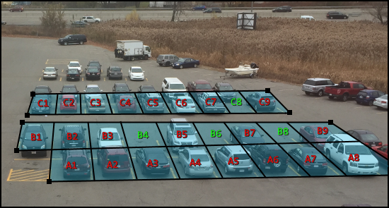 Parking lot with 26 monitored parking spots, including 22 full spots and 4 empty spots.