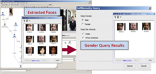 Shows the extracted faces from a video, and the ones that were pulled out based on a gender query.